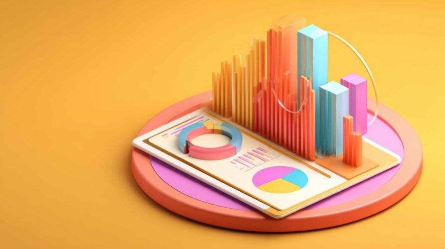 Online-Marketing, Finanzbericht-Diagramm, Datenanalyse und Webentwicklungskonzept. Tablet mit Datendiagramm. 3D-Vektorillustration