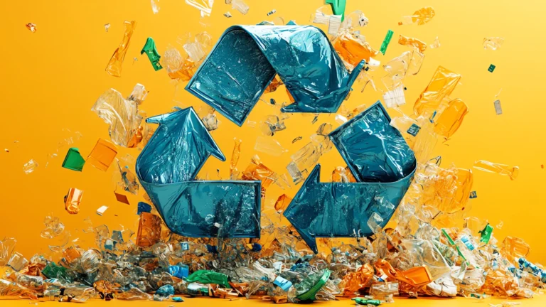 Plastikmüll wirbelt vor gelbem Hintergrund durch die Luft